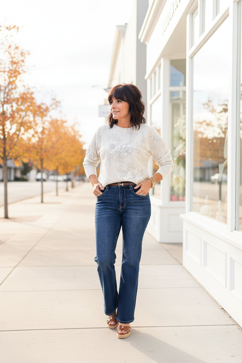 Diamond Pointelle Floral Fine Gauge Sweater