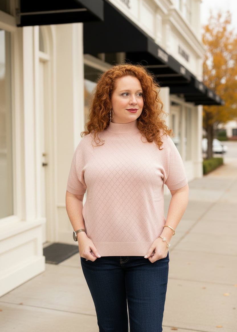 Mock Neck Pointelle Short Sleeve Top