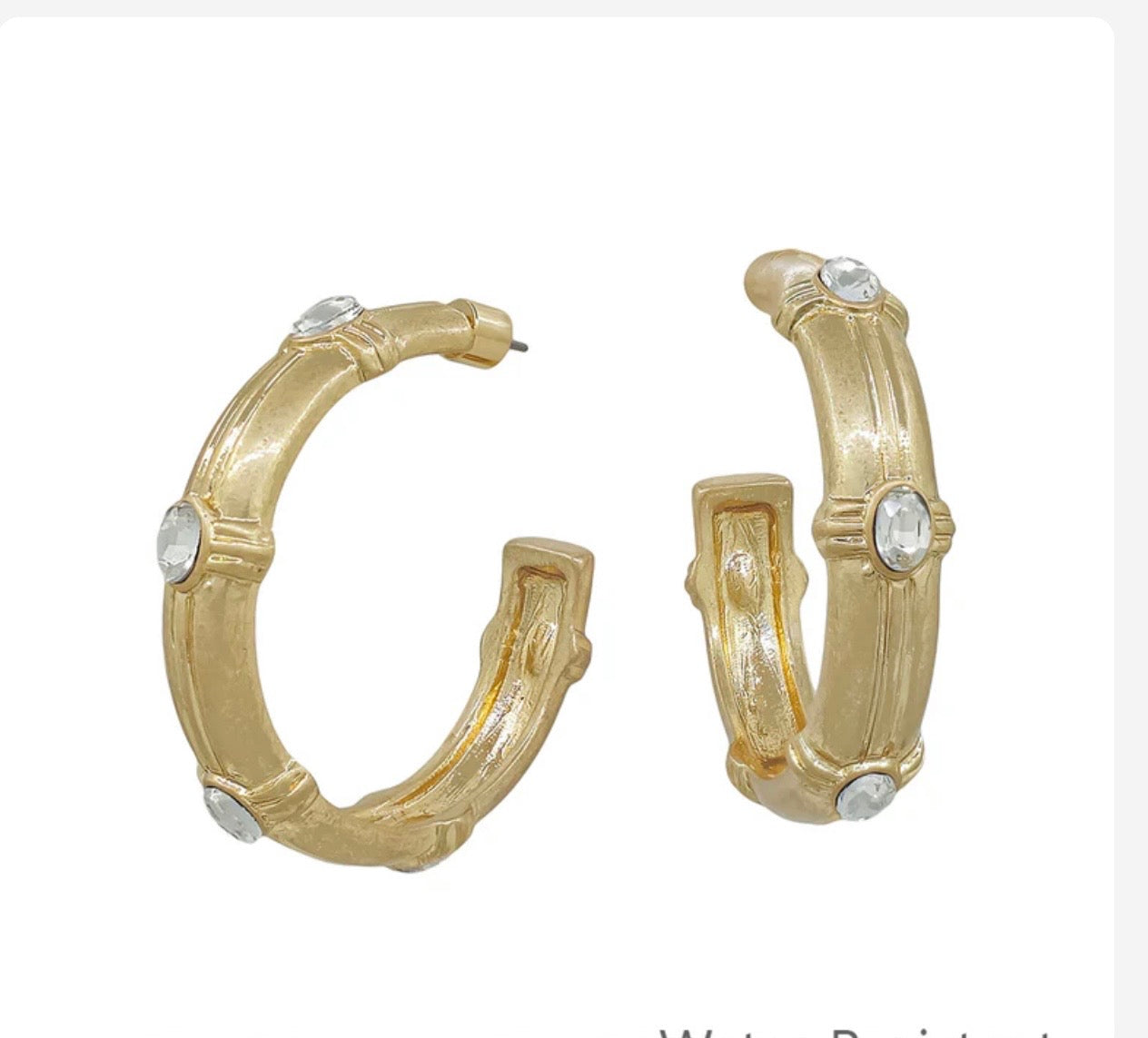 Gold Hammered Hoop with Clear Crystal