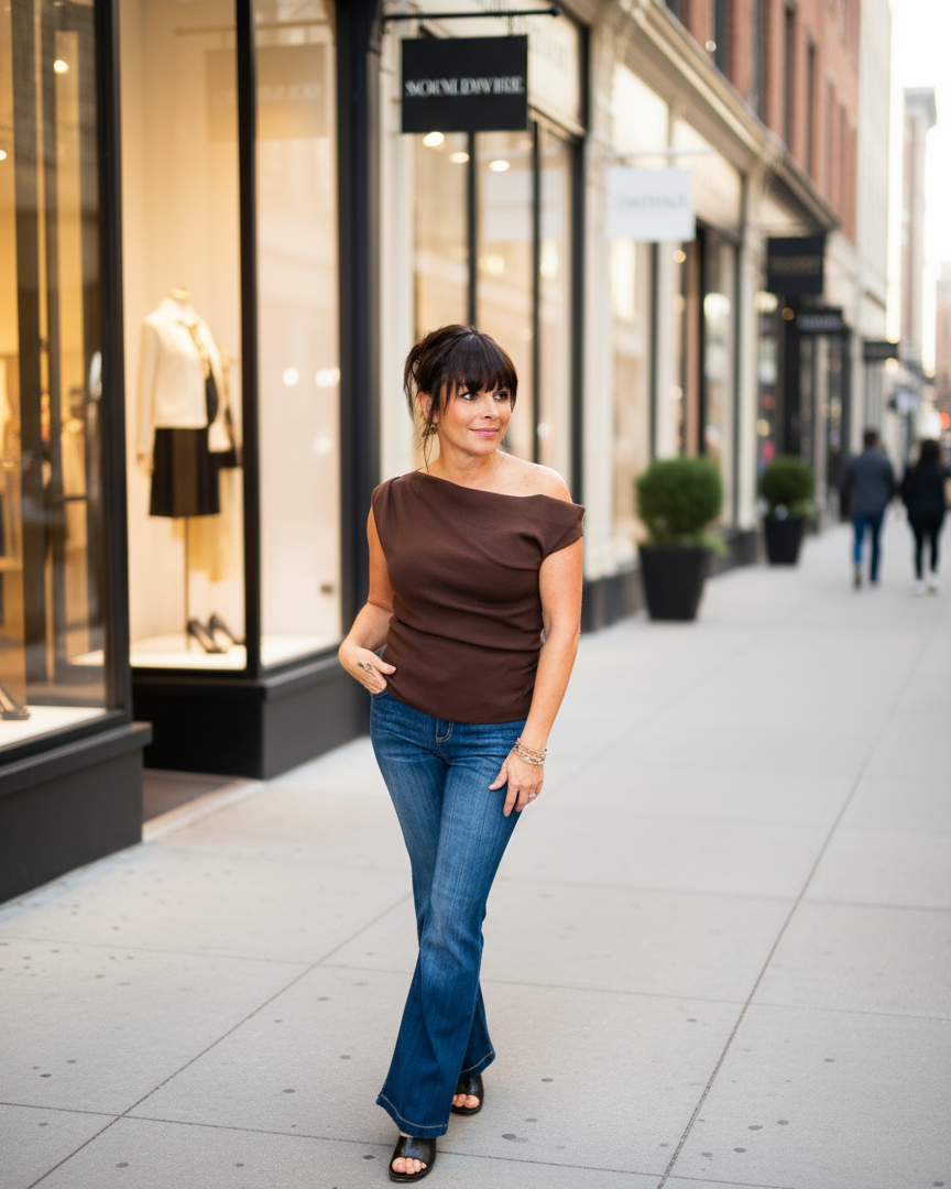 Chocolate Asymmetrical Neck Top - Jolie Femme Boutique