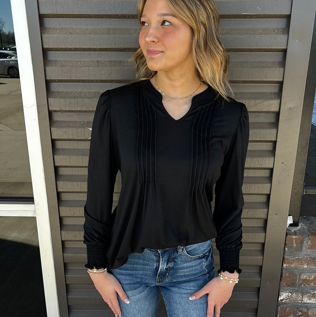 FLATTERING BLACK BLOUSE W/RUCHING SLEEVE - Jolie Femme Boutique