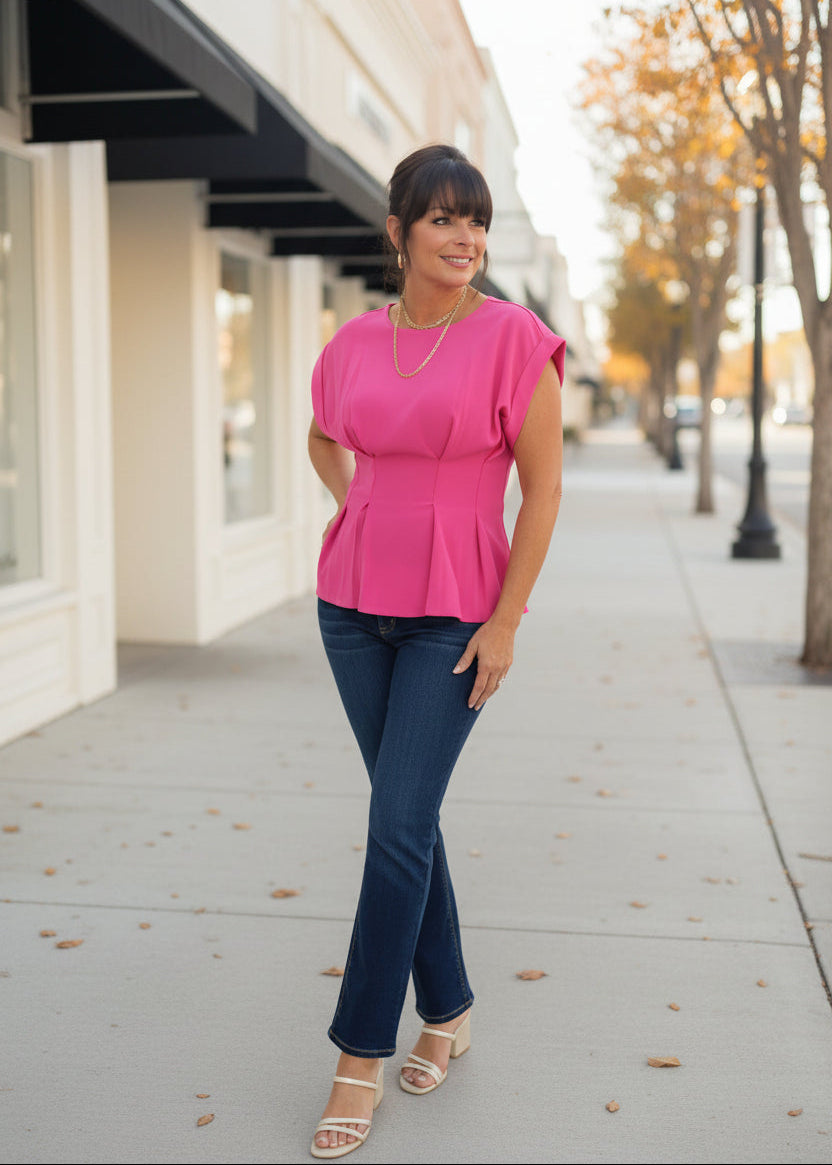 Pink Round NeckLine With Pleated Waist Top - Jolie Femme Boutique