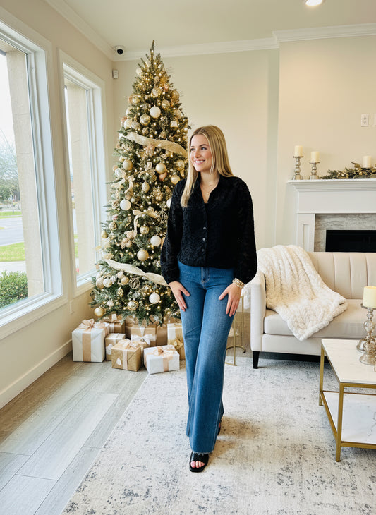 Black Jacquard Long Sleeve Button Up Top