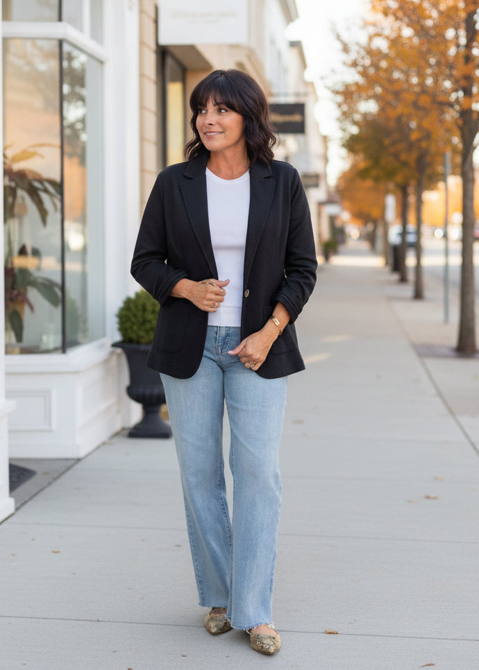 Black Textured Shirred Sleeve Blazer