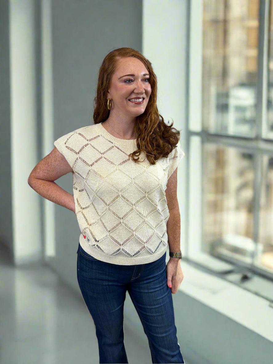 Cream Short Sleeve Grid Top - Jolie Femme Boutique