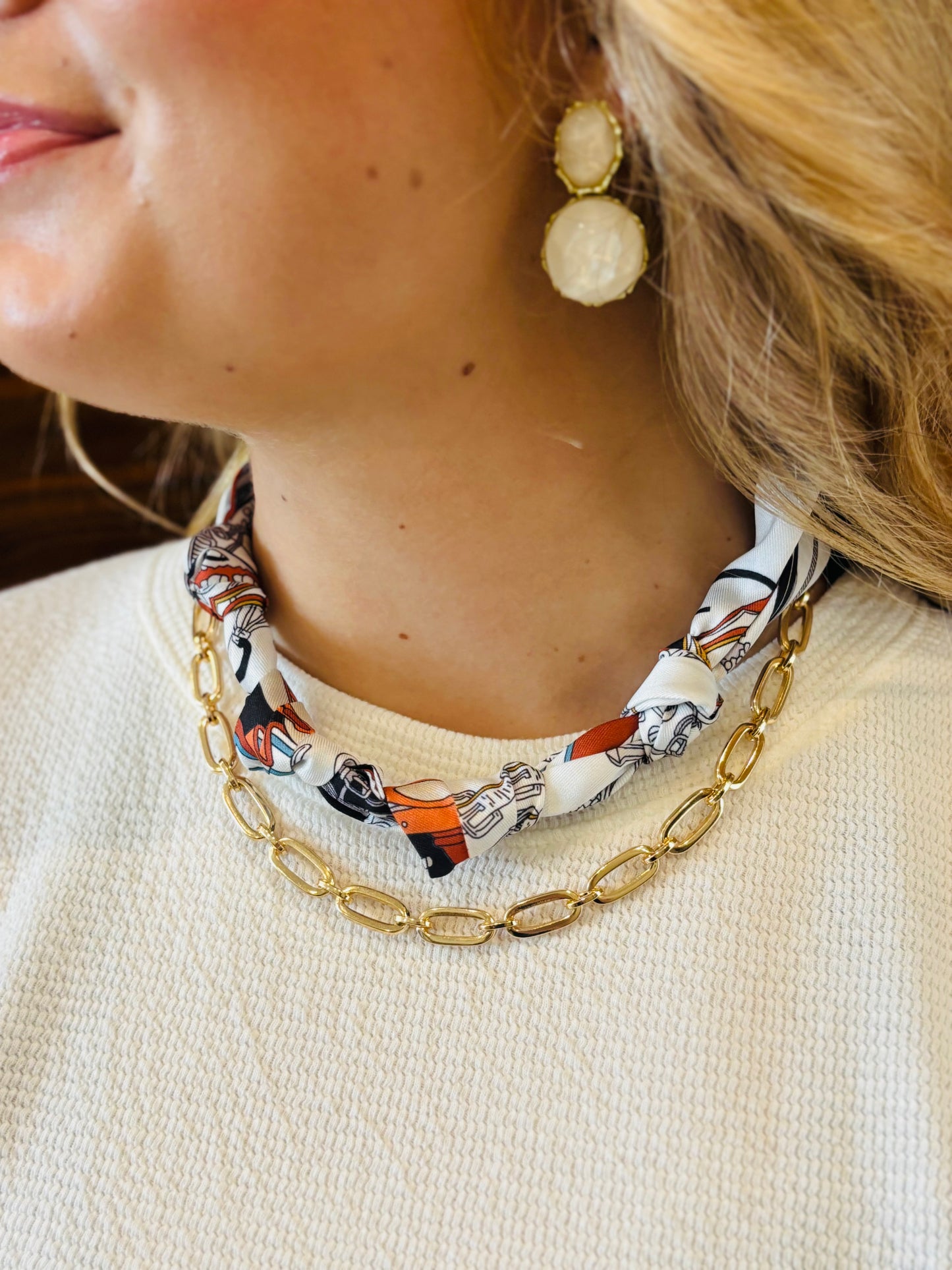 Cream/Brown Scarf Necklace W/ Gold Chain - Jolie Femme Boutique
