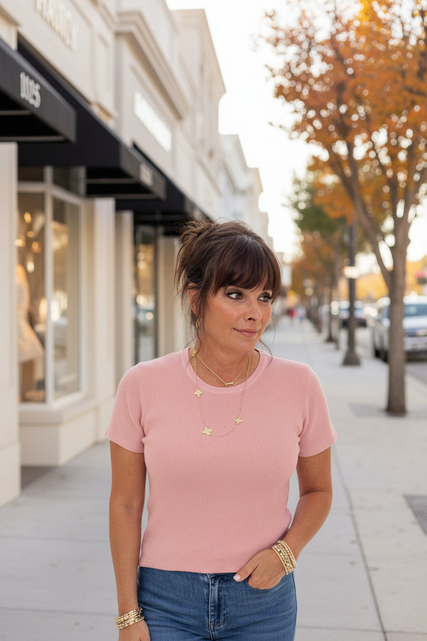 Soft Pink Crew Neck Ribbed Top - Jolie Femme Boutique