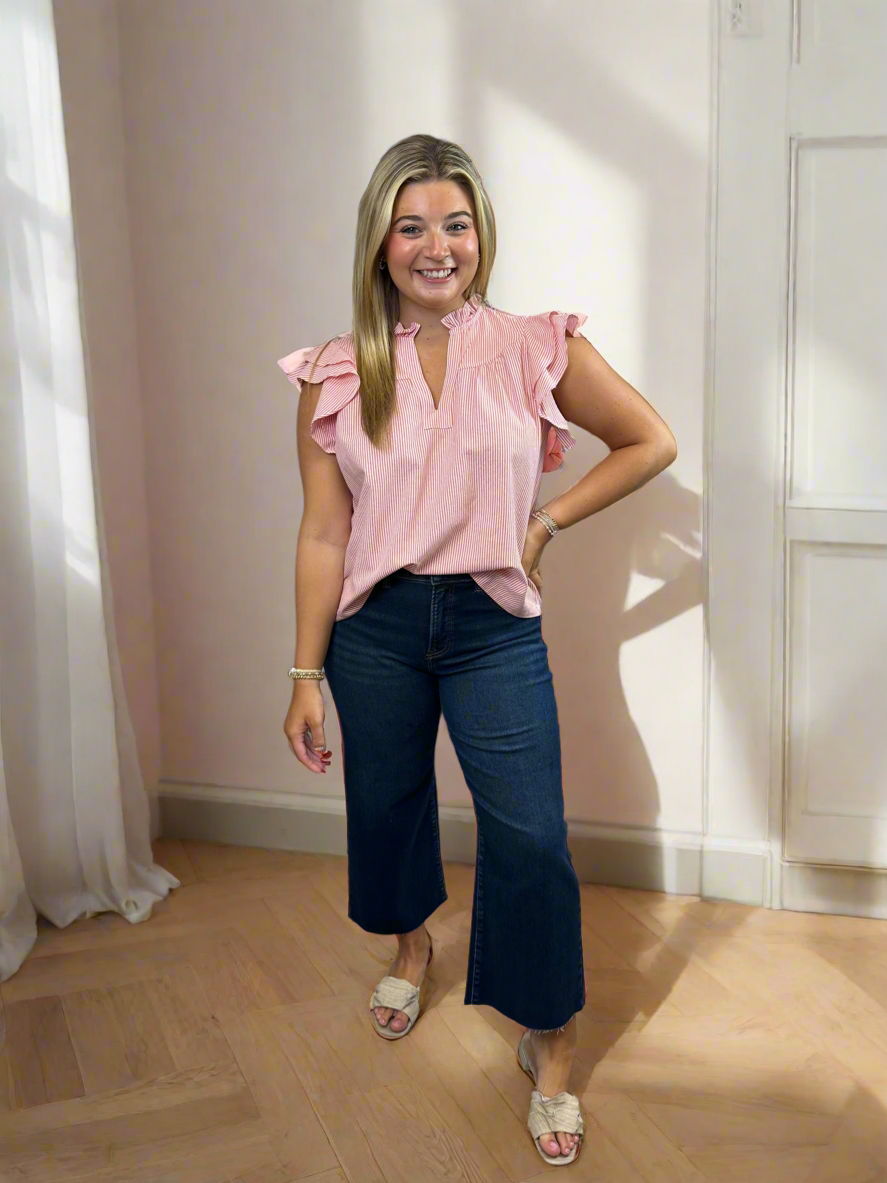 Striped Notched V-Neck Collar Top - Jolie Femme Boutique