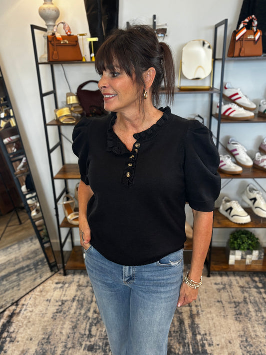 Black Short Sleeve Ruffle Neck Top