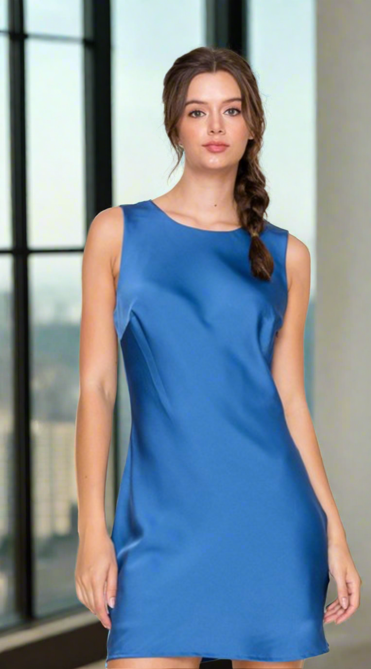 Deep Blue Drape Back Satin Mini Dress