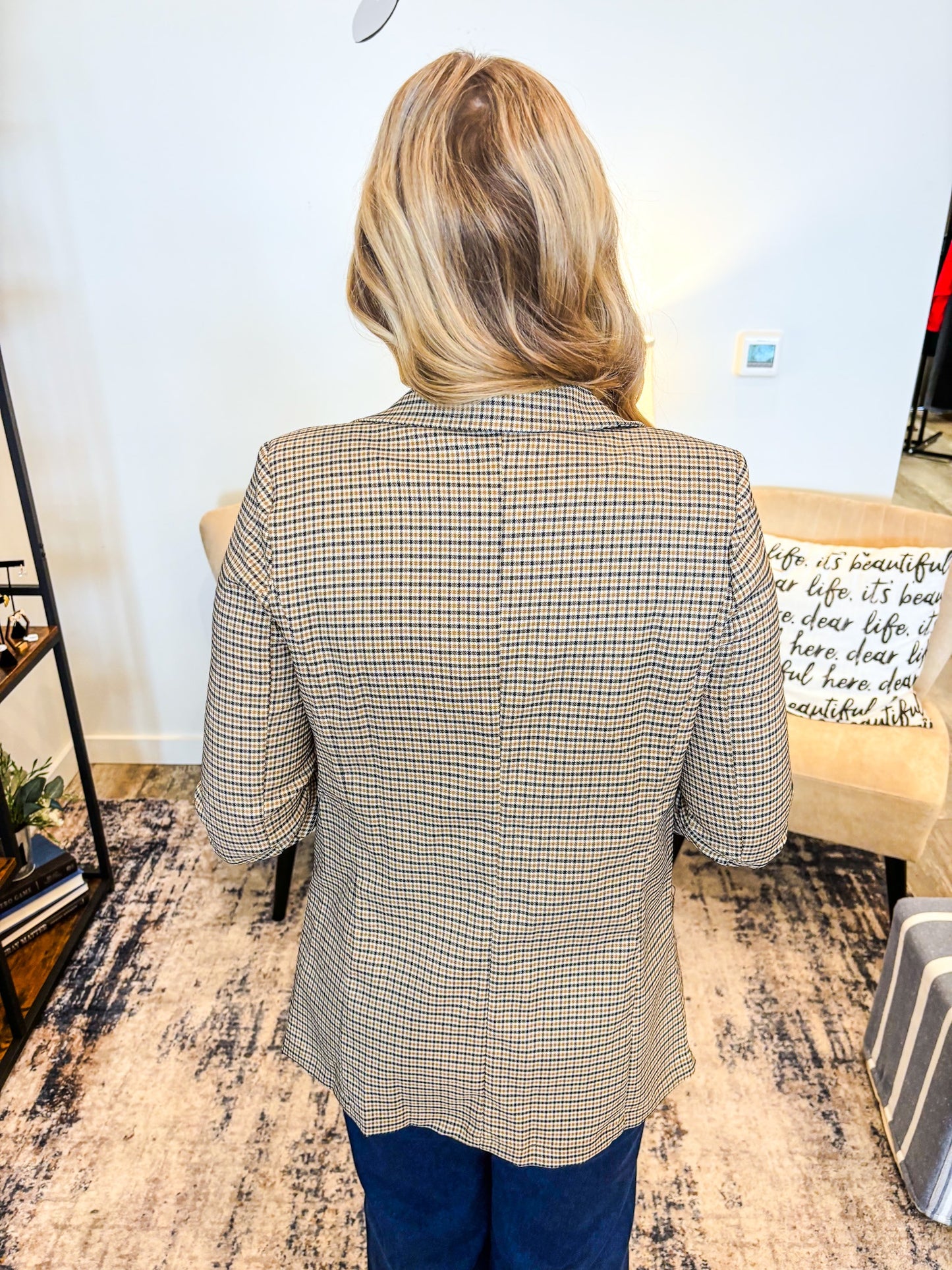 Plaid Ruched Sleeve Blazer