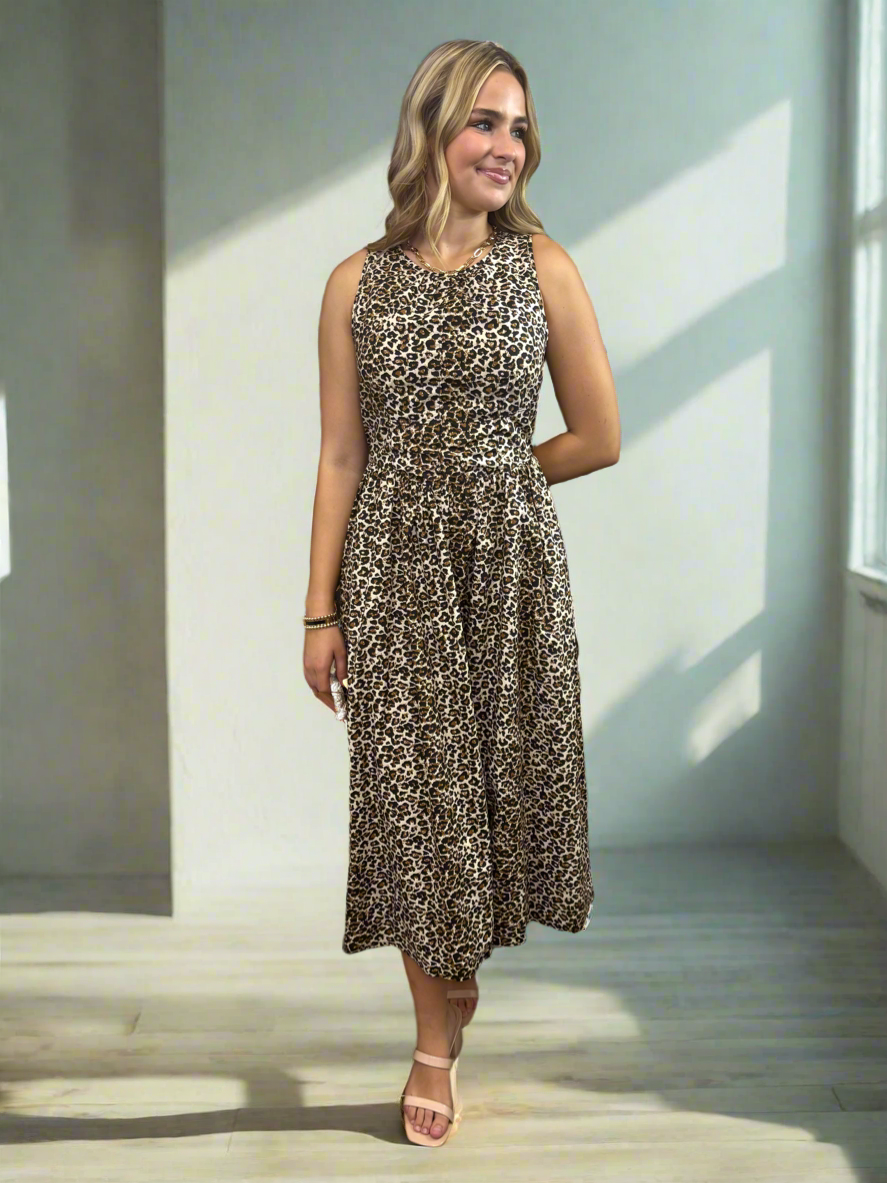 Leopard Print Poplin Midi Dress - Jolie Femme Boutique