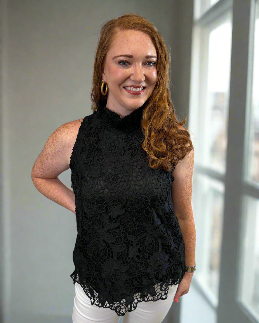 Black Ruffle Neck Sleeveless Lace Top - Jolie Femme Boutique