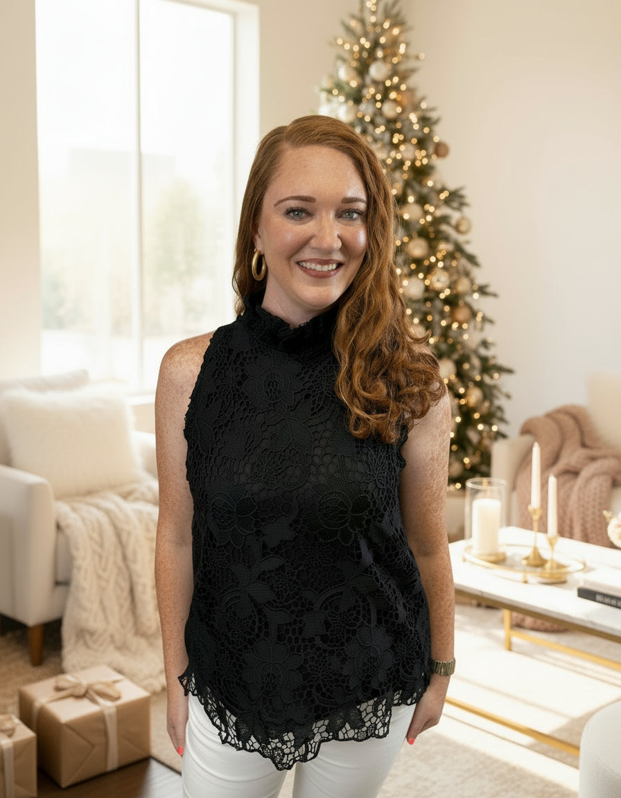 Black Ruffle Neck Sleeveless Lace Top - Jolie Femme Boutique