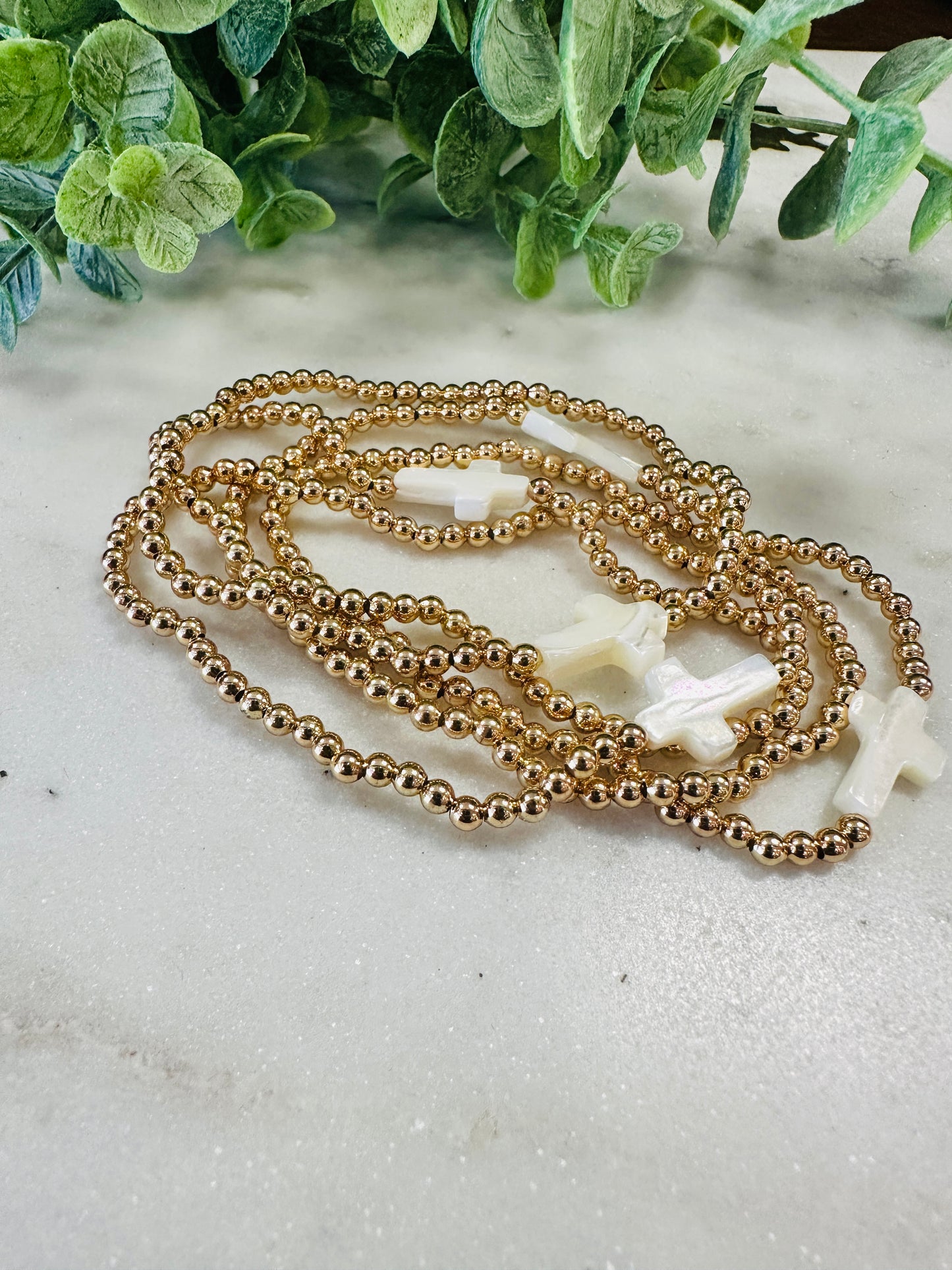 Gold Beaded Pearl Cross Stack