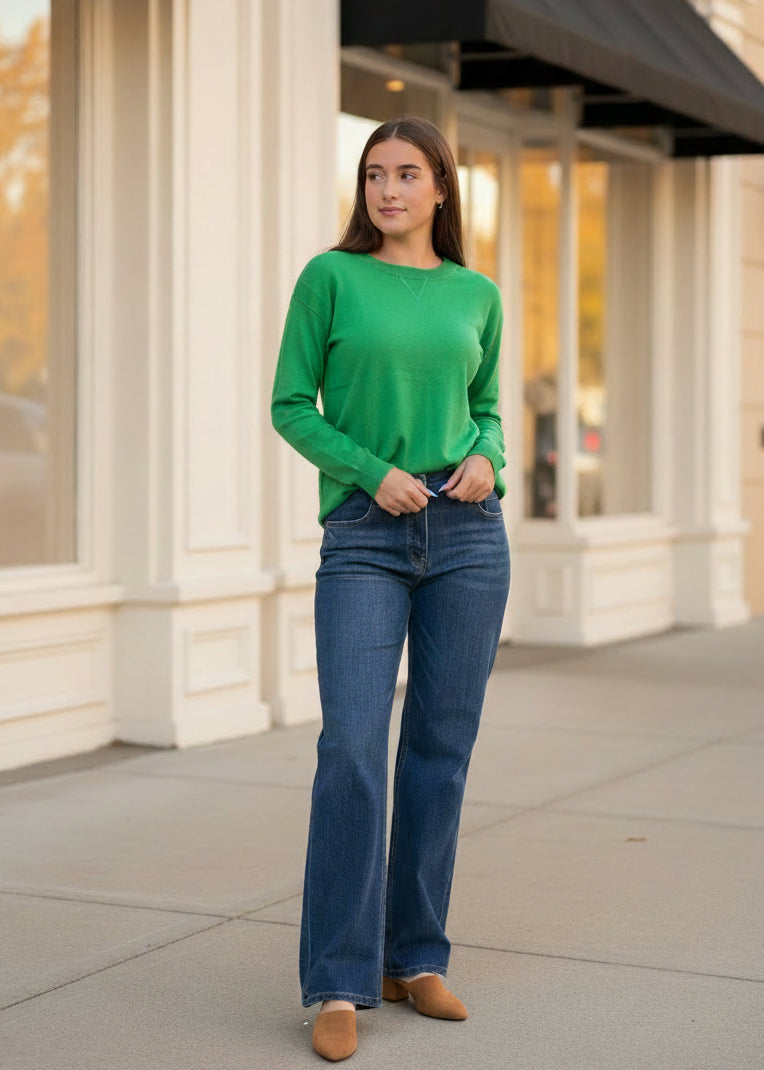 Green Crew Neck Lightweight Sweater