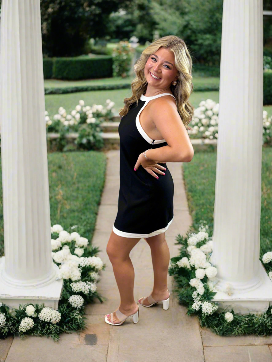 Black Sheath Mini Dress with White Contrast Halter Trim - Jolie Femme Boutique