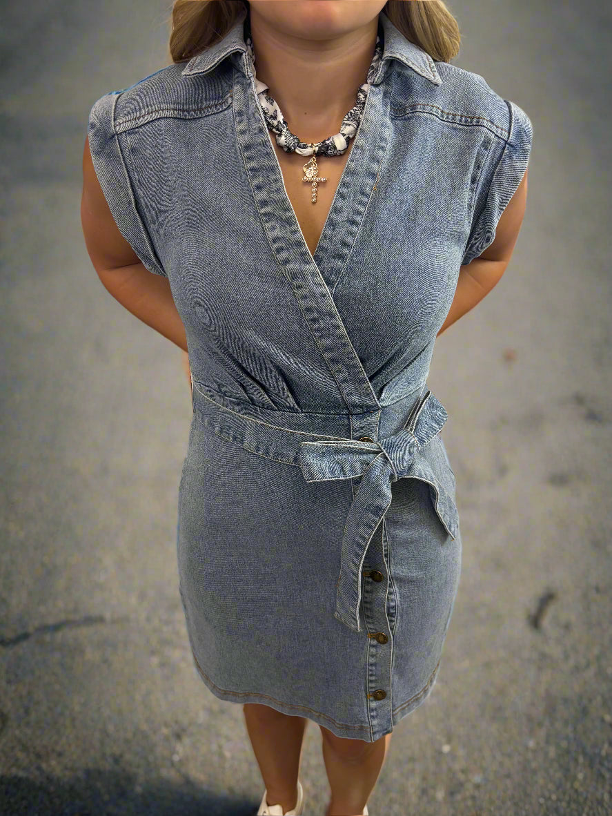 Surplice V-Neck Denim Dress - Jolie Femme Boutique