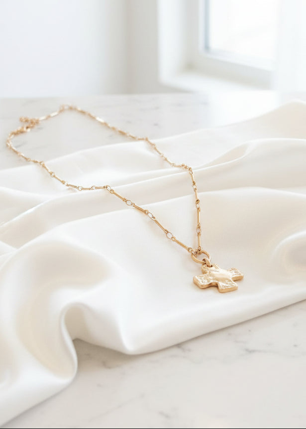 14K Gold Plated Hammered Cross Bar-Link Necklace