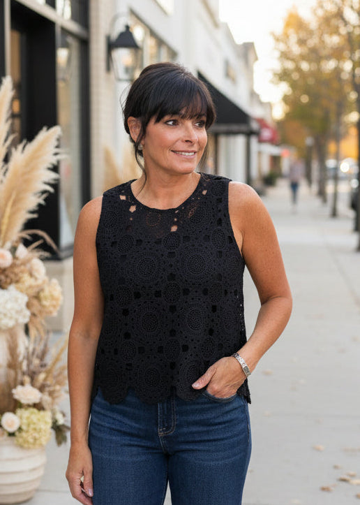 Black Floral Crochet Lace Top