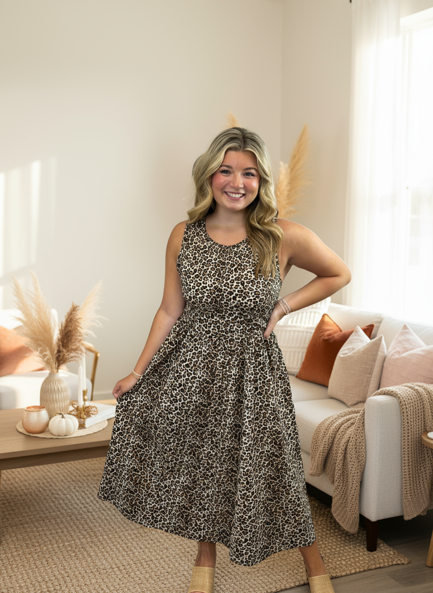 Leopard Print Poplin Midi Dress - Jolie Femme Boutique