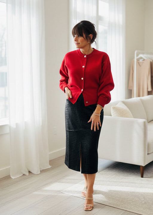 Red Jewel Button Down Cardigan - Jolie Femme Boutique