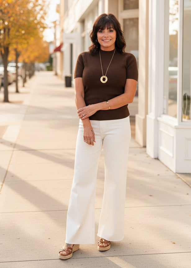 Brown Ribbed Mock Neck Top