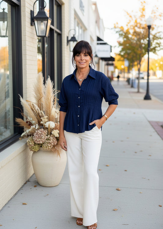Dark Denim Pintuck Puff Sleeve Top