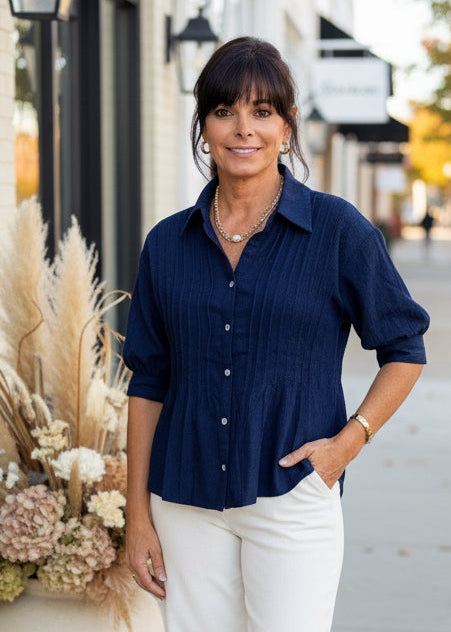 Dark Denim Pintuck Puff Sleeve Top