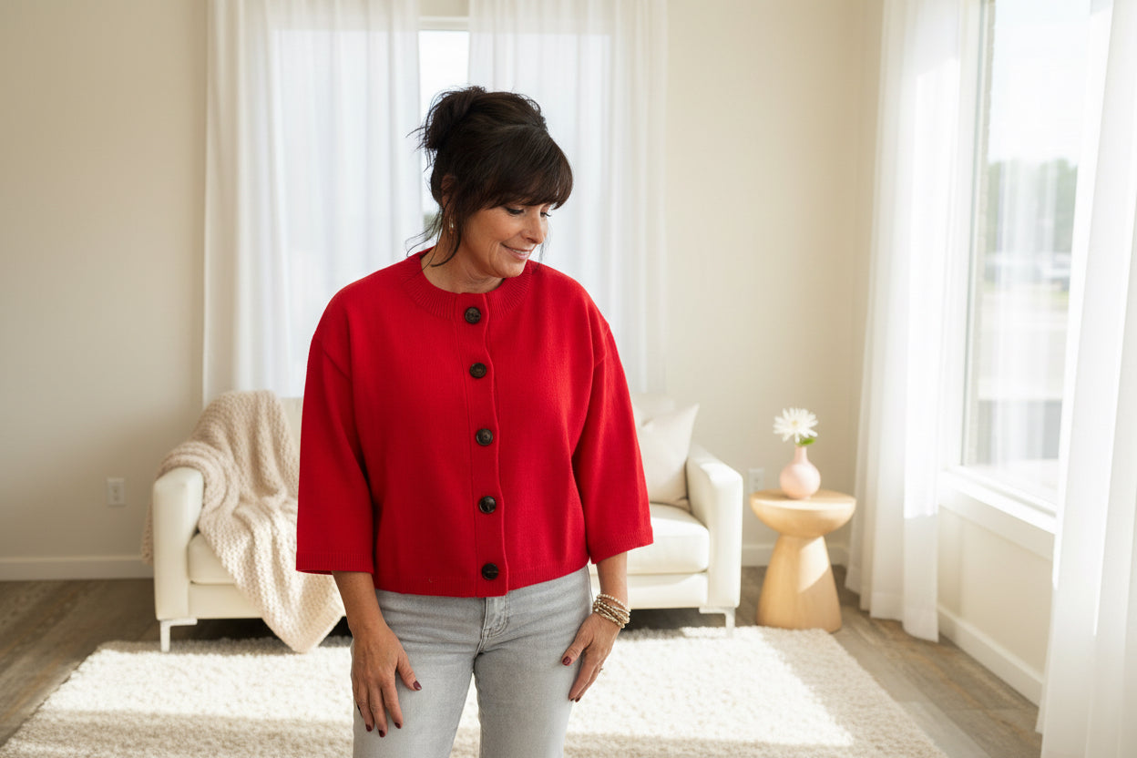 Red Half Sleeve Button Down Cardigan - Jolie Femme Boutique