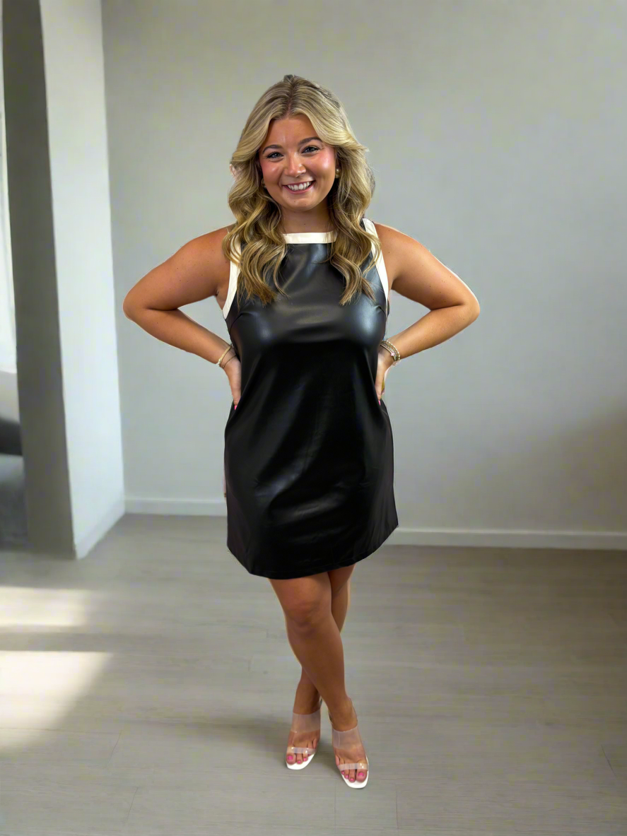 Contrast Trim Vegan Leather Shift Dress - Jolie Femme Boutique