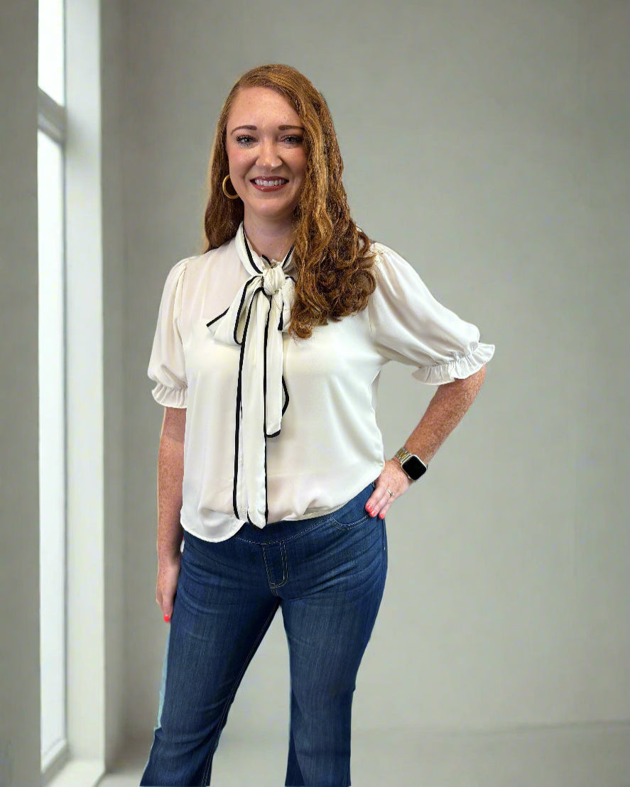 Contrast Trim Bow Tie Top - Jolie Femme Boutique