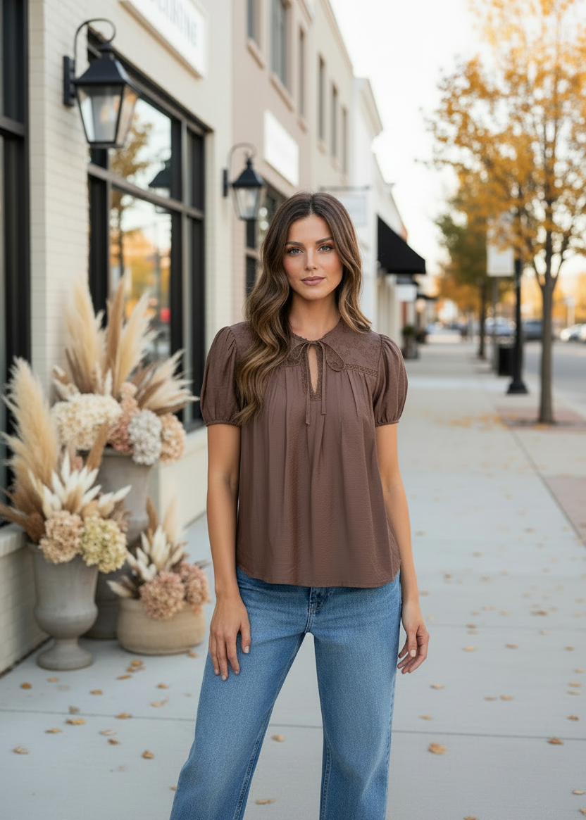 Brown Pintuck Short Sleeve Top