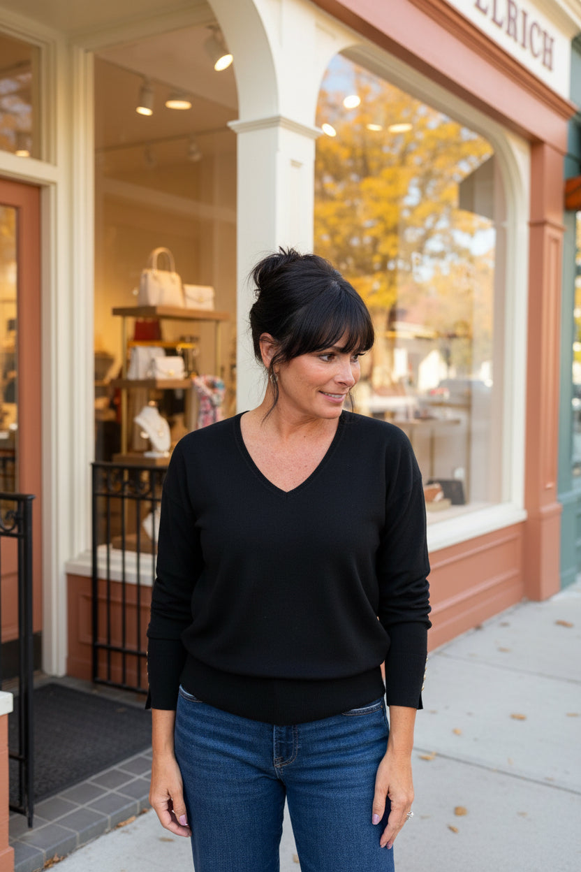 Black V-Neck Sweater Top