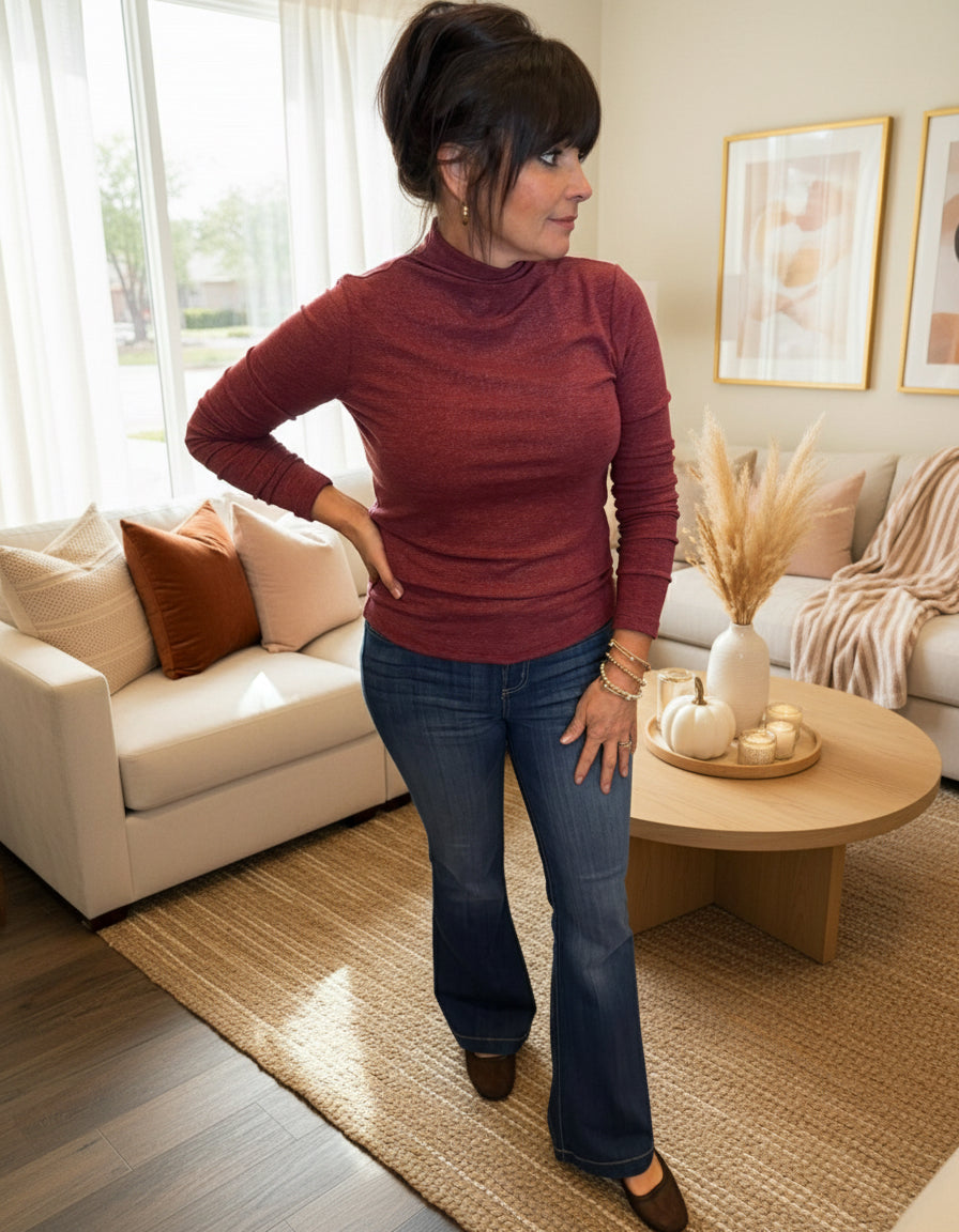 Wine Mock Neck Long Sleeve Top