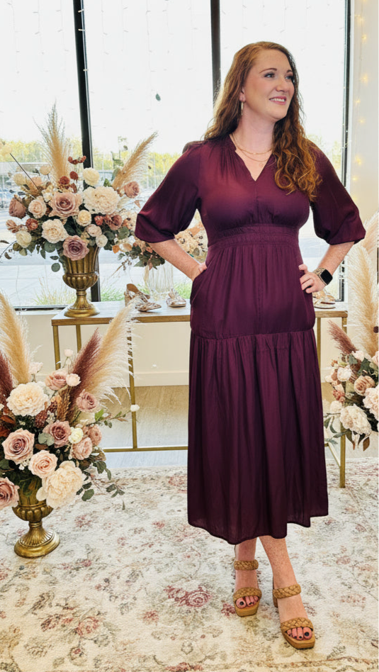 Wine Quarter Sleeve Satin Midi Dress