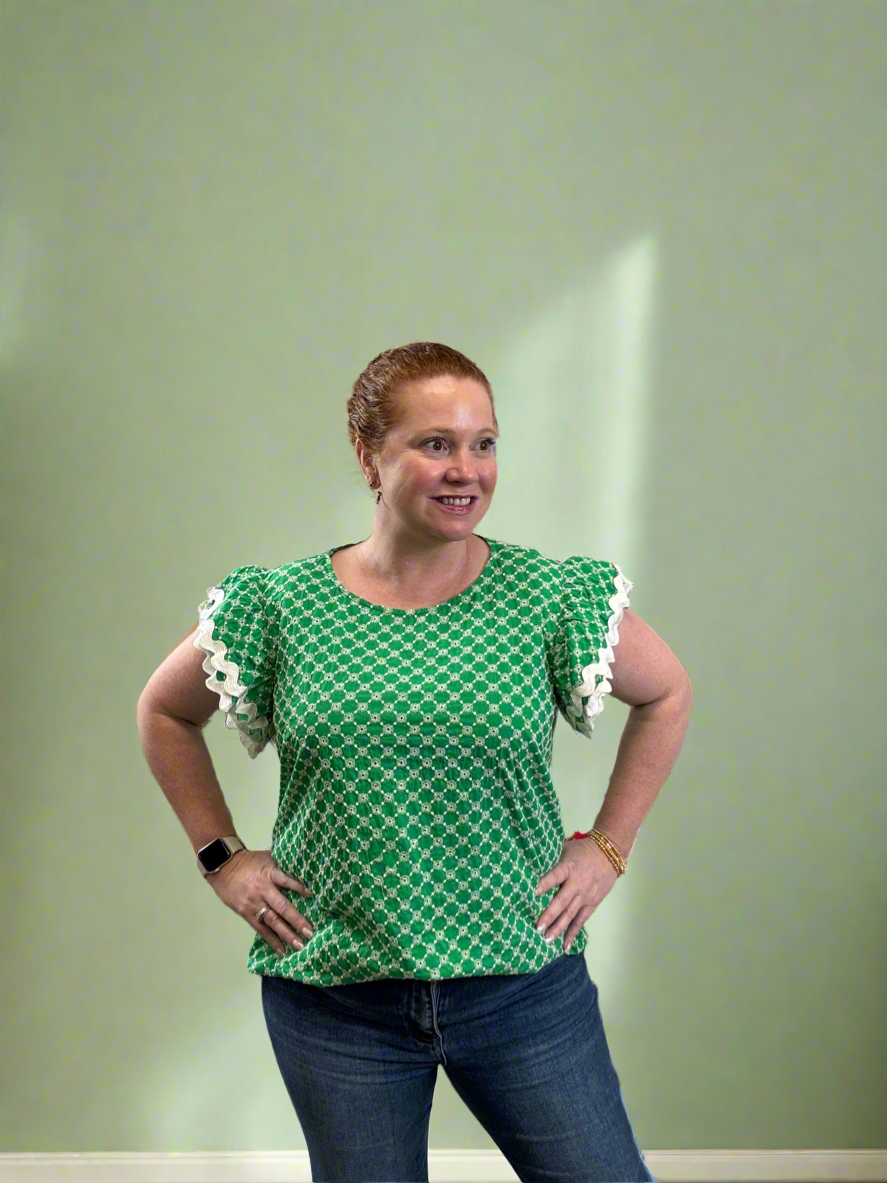 Plus Size Ruffle Sleeve W/Ric Rac Trim