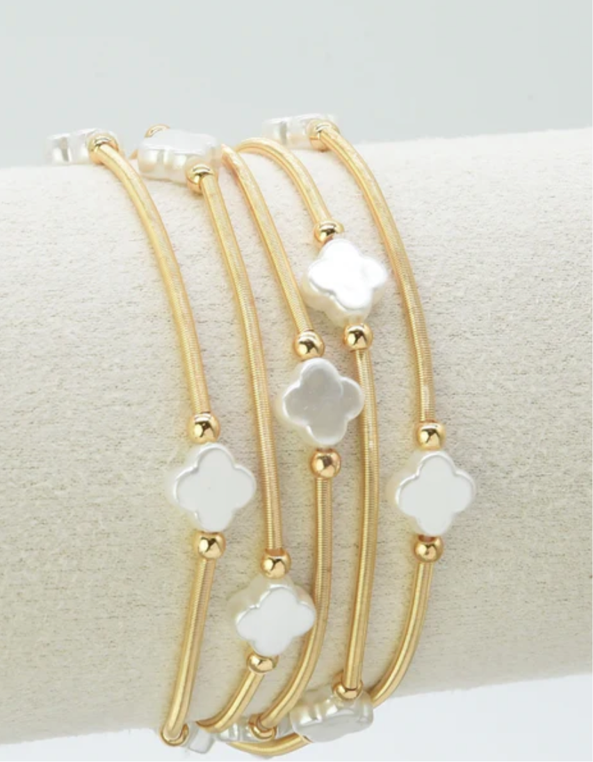 Gold Stretch Bracelet W/ Pearl Clover Accent - Jolie Femme Boutique