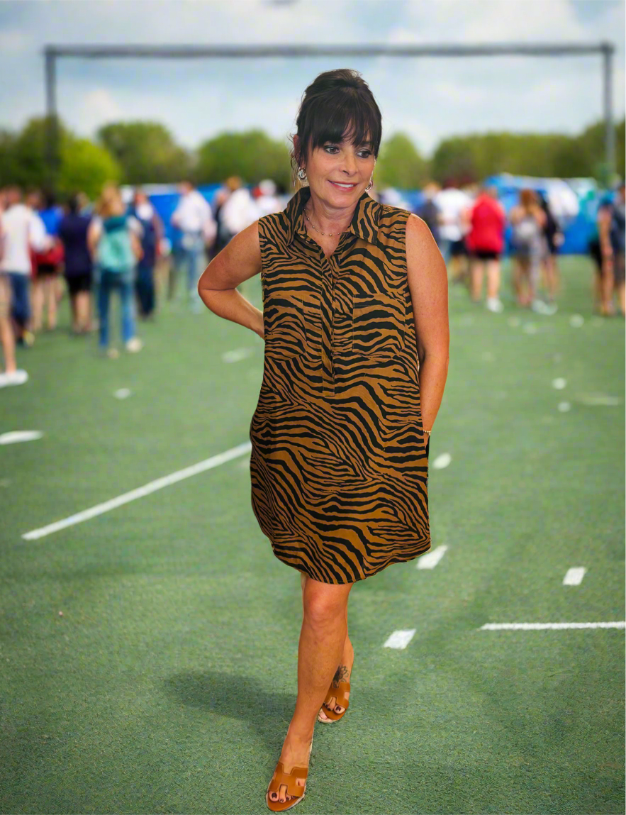Tiger Print Button Down Dress with Pockets