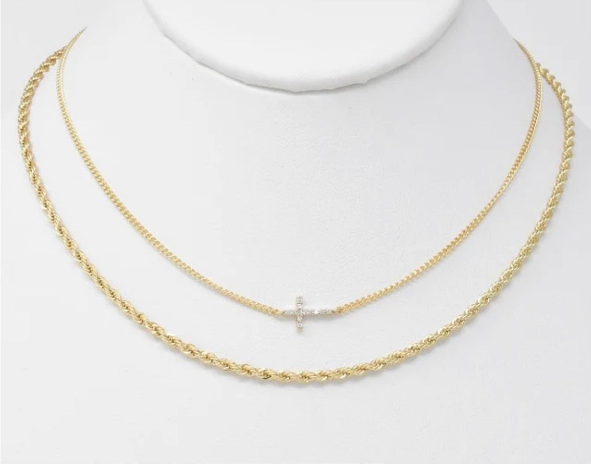 Gold Layered Braided Chain with Rhinestone Cross