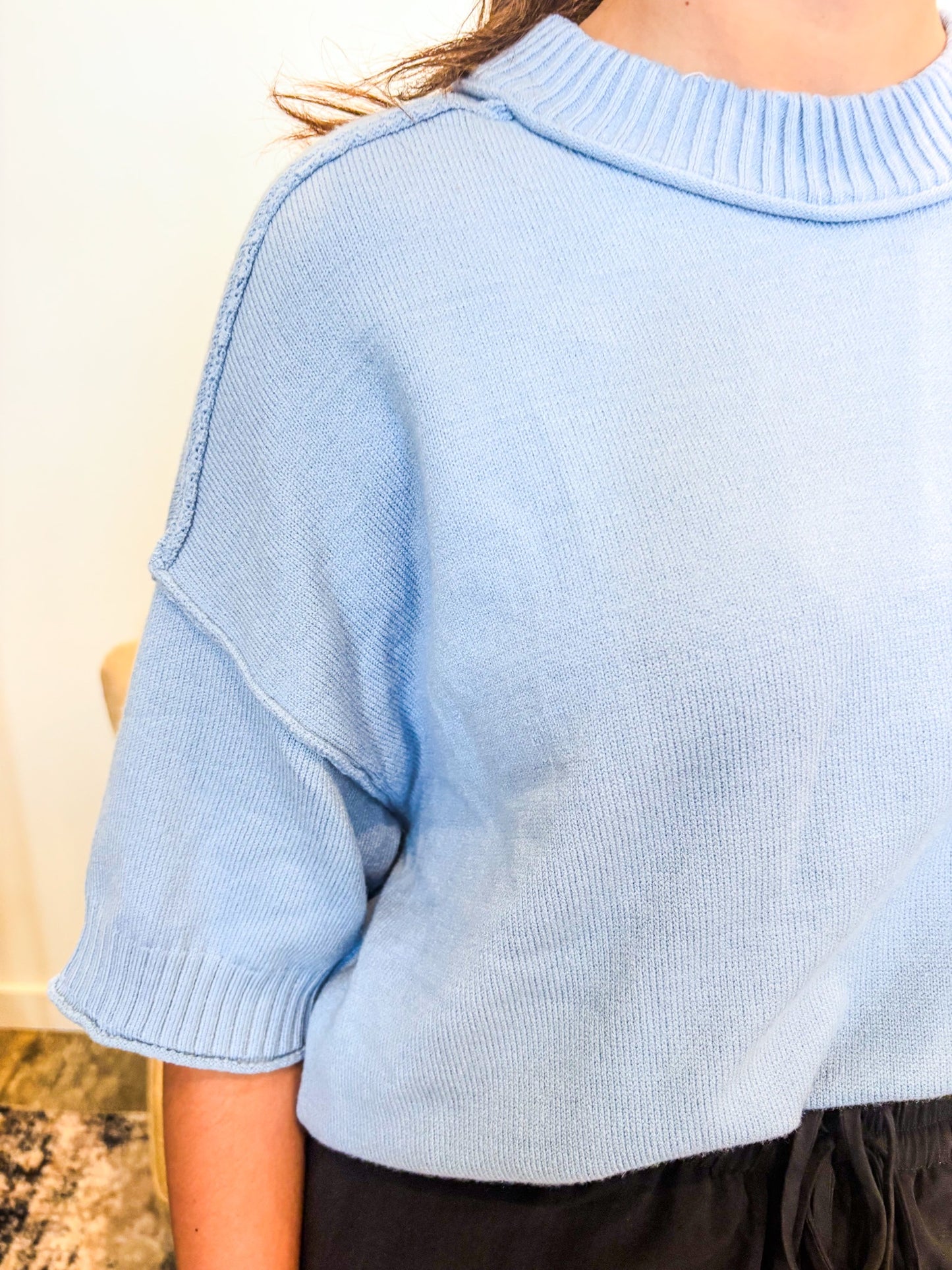 Powder Blue Crew-Neck Drop Shoulder Sweater