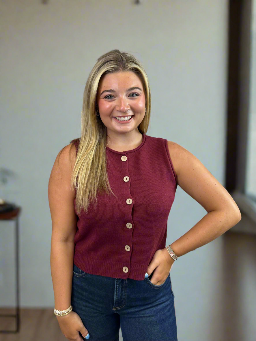 Raw Edge Button Vest Top- Burgundy - Jolie Femme Boutique