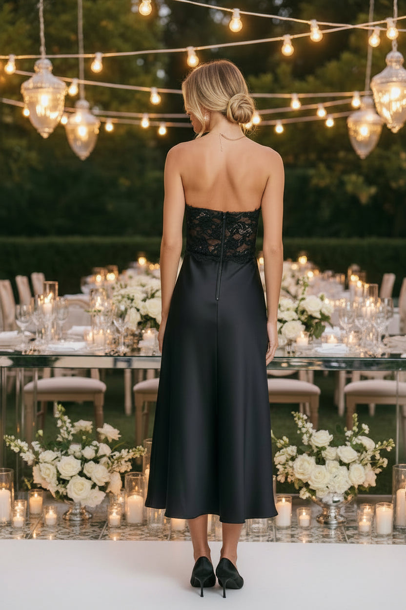 Dress Forum - Quiet Luxe Convertible Lace and Satin Midi Dress - BLACK / S-M-L(2-2-2) - Jolie Femme Boutique