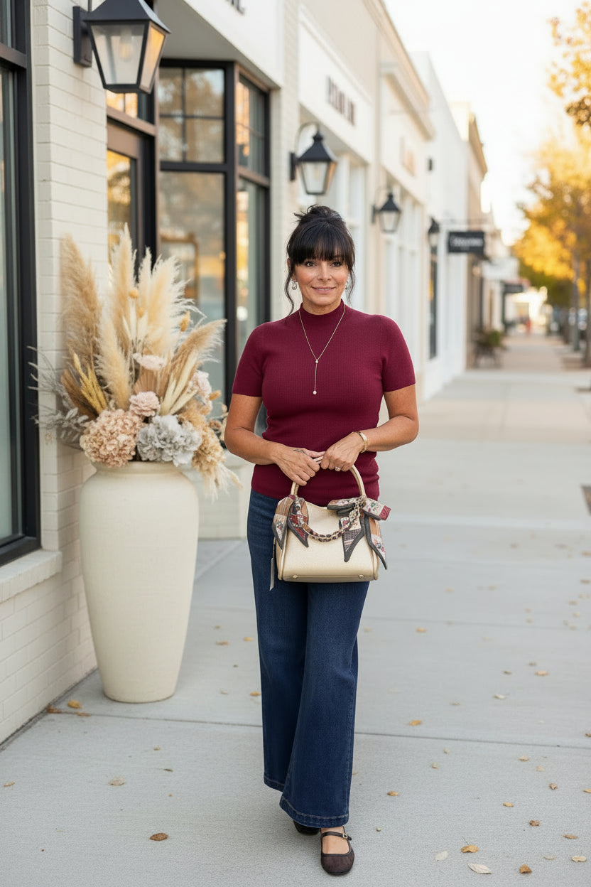 Burgundy Ribbed Mock Neck Top