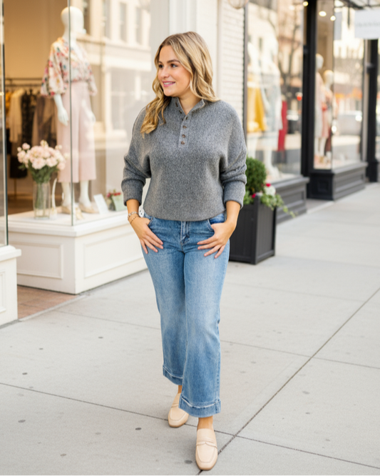 Gray Half Button Down Sweater - Jolie Femme Boutique