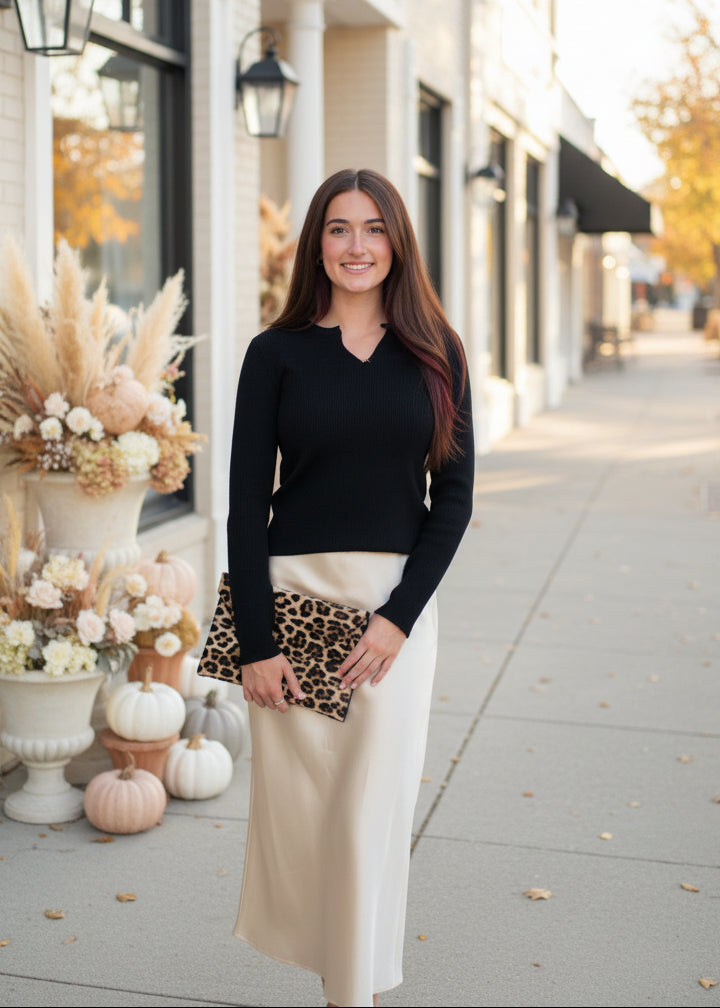 Black Slim V-Notched Long Sleeve Top