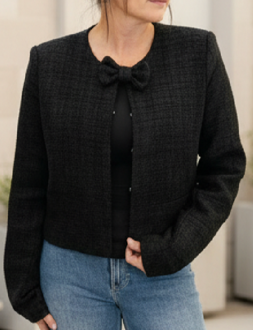 Black Tweed Front Bow Tie Detail Jacket - Jolie Femme Boutique