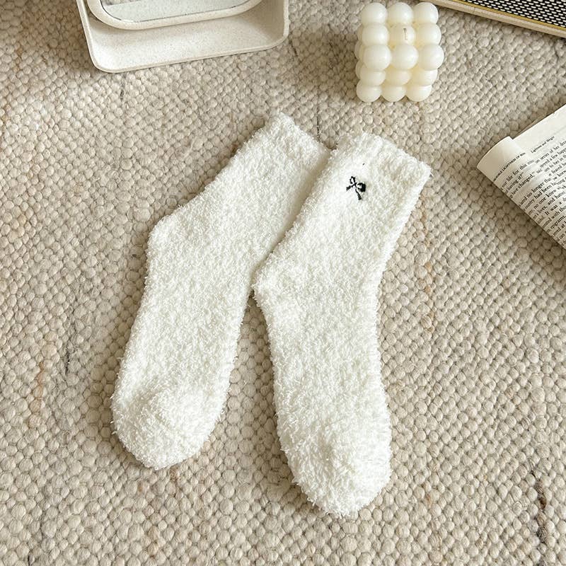 MKS America - Fluffy Bow Ribbon Coral Fleece Socks - BlueGrey / M - Jolie Femme Boutique