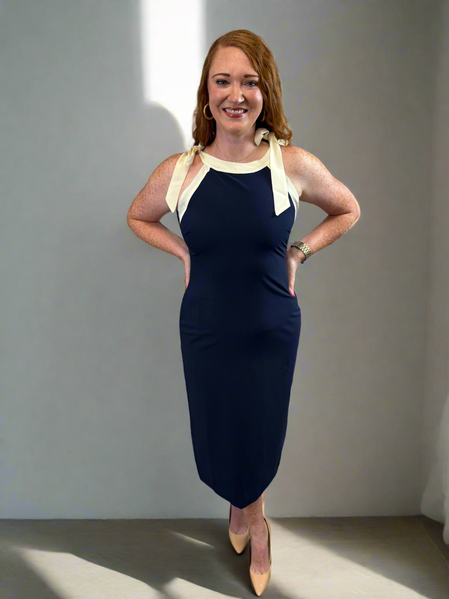 Navy Midi Dress with Cream Contrast Shoulder Ties - Jolie Femme Boutique