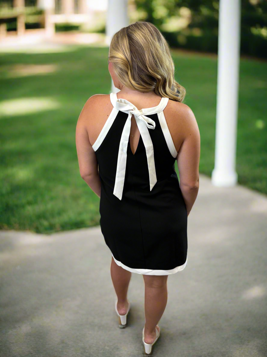 Black Sheath Mini Dress with White Contrast Halter Trim - Jolie Femme Boutique